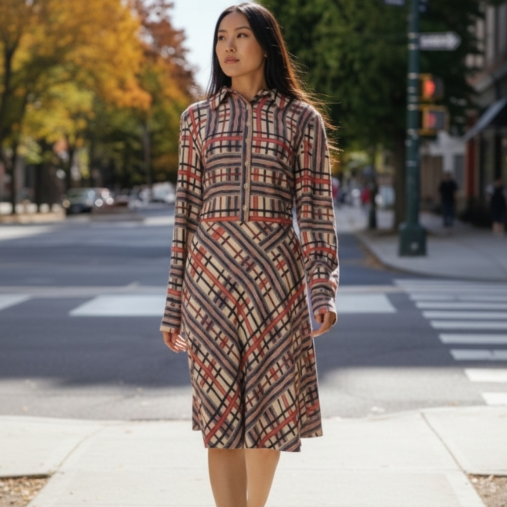 Cremieux Secretary  70's Style Dress Multicolor Geometric Pattern Dress